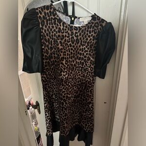 MICHAEL KORS ANIMAL-PRINT FAUX-LEATHER TRIM DRESS size Large L